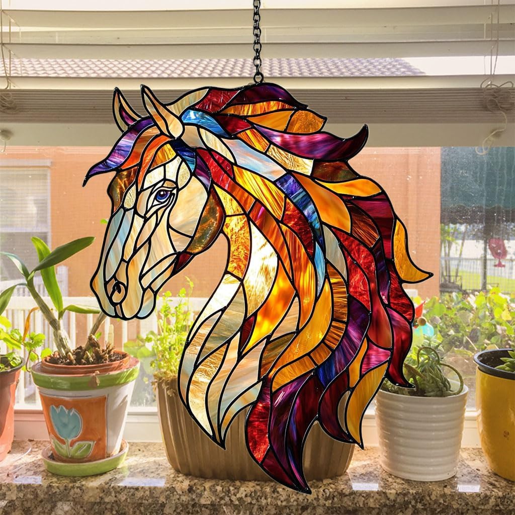 Colorful Horse Exotic Acrylic Suncatcher Stained Glass Effect Window Car Hanging Christmas Ornament Indoor Outdoor Decor Garden Sun Catcher Panel for Horse Lover for Women Mom Grandma