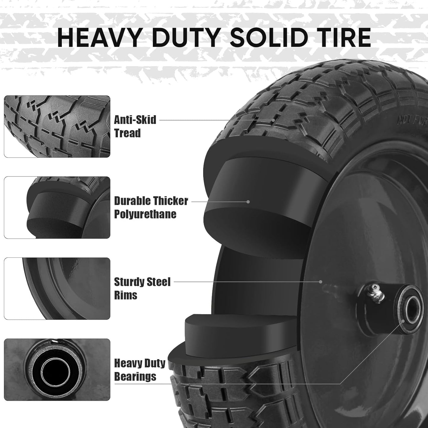 TICONN 4.80/4.00-8 Tire, 14.5" Flat Free Wheelbarrow Tire and Wheel, Solid Replacement Tires, 5/8" 3/4" Bearings, Universal Fit 4.80/4.00-8, 3.50/3.00-8, 4.00-6 (14.5" Black, 2PK)