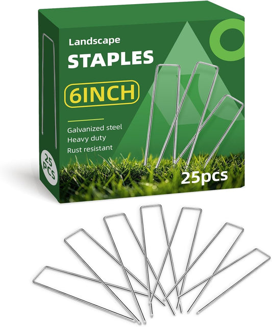 6 Inch Galvanized Landscape Staple, 11 Gauge Heavy Duty Garden Stakes for Barrier Fabric, Plant Stakes Ground Anchors 25 Pack