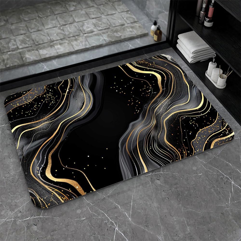 Bath Mat-Bathroom Rug，Black and Gold Abstract Marble-Absorbent Non Slip Quick Dry Stain Resistant Easy to Clean Care Shower Rug for Bathtub Shower Room 20×31Inch (50 * 80cm)
