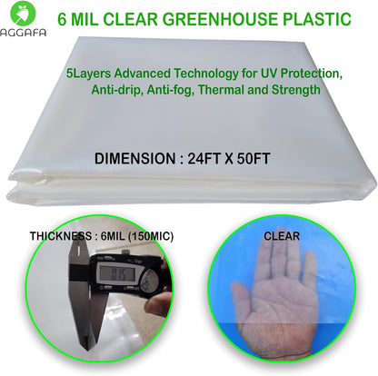 6 mil (24ft x 50ft) 100% Virgin Material. 5Layers Advanced Extrusion Technology for UV Protection, Anti-drip, Anti-Fog, Thermal and Strength. 4Years Lifetime UV Resistant Greenhouse Plastic