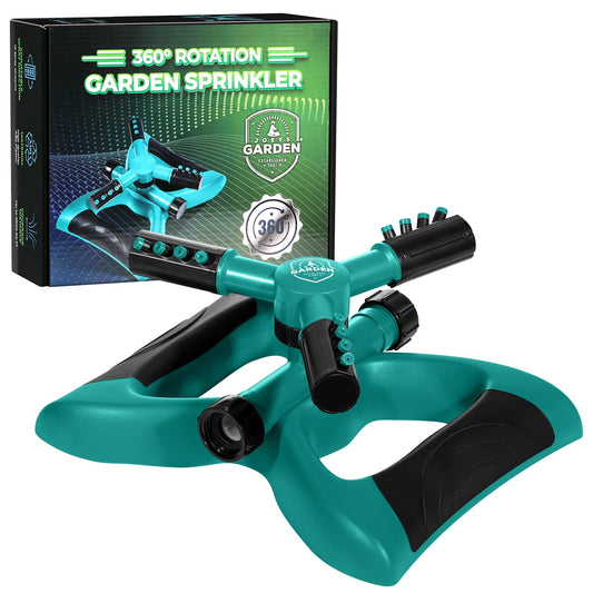 Joeys Sprinkler for Yard, Rotating Garden Sprinkler with 3 Adjustable Arms, Weighted Base
