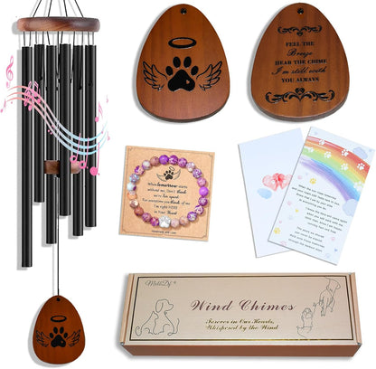 Pet Memorial Wind Chime Gift Set with Bracelet, Wooden Ornament and Sympathy Card, Black&Golden (Black)