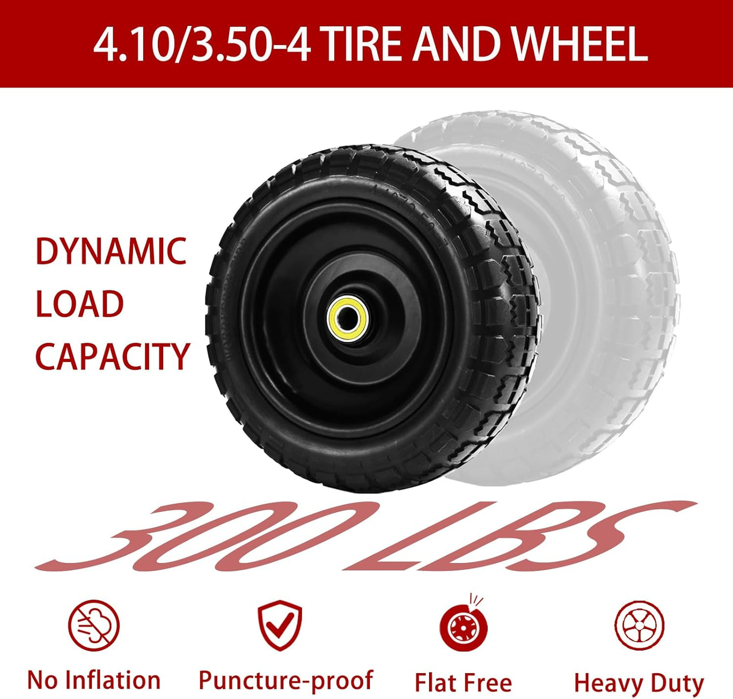 10" Solid Tires (4-Pack) - 4.10/3.50-4 Flat-Free Replacement Wheels for Gorilla Carts, Wheelbarrows, Garden Carts & Utility Wagons - 5/8" Axle Bore 2.1" Hub