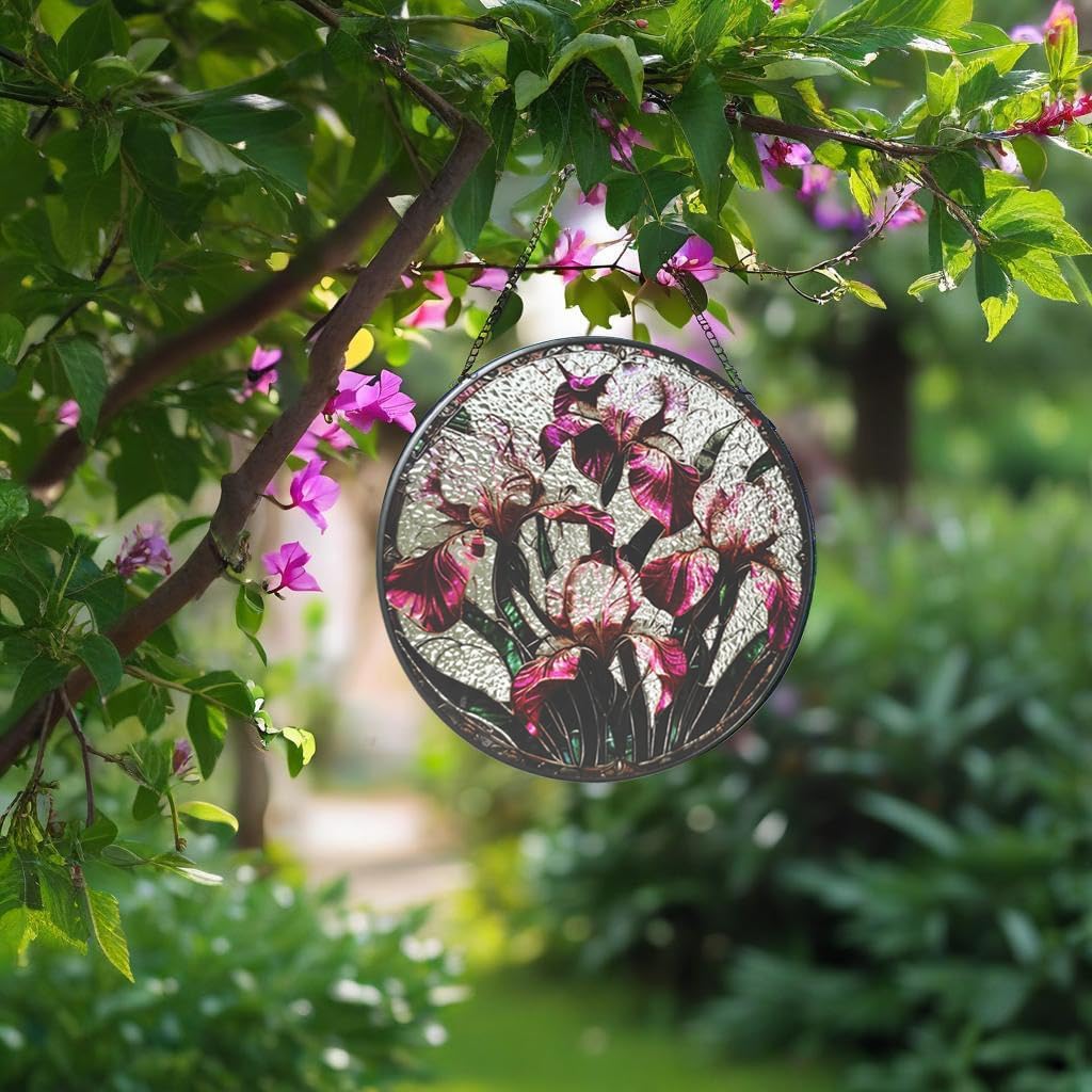 Floral Stained Glass Window Hanging - Iris Design Handmade Suncatcher, Luyseyha 8 Inch Sun Catcher for Windows, Home, Garden, Office, Christian Gift