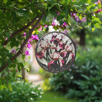 Floral Stained Glass Window Hanging - Iris Design Handmade Suncatcher, Luyseyha 8 Inch Sun Catcher for Windows, Home, Garden, Office, Christian Gift