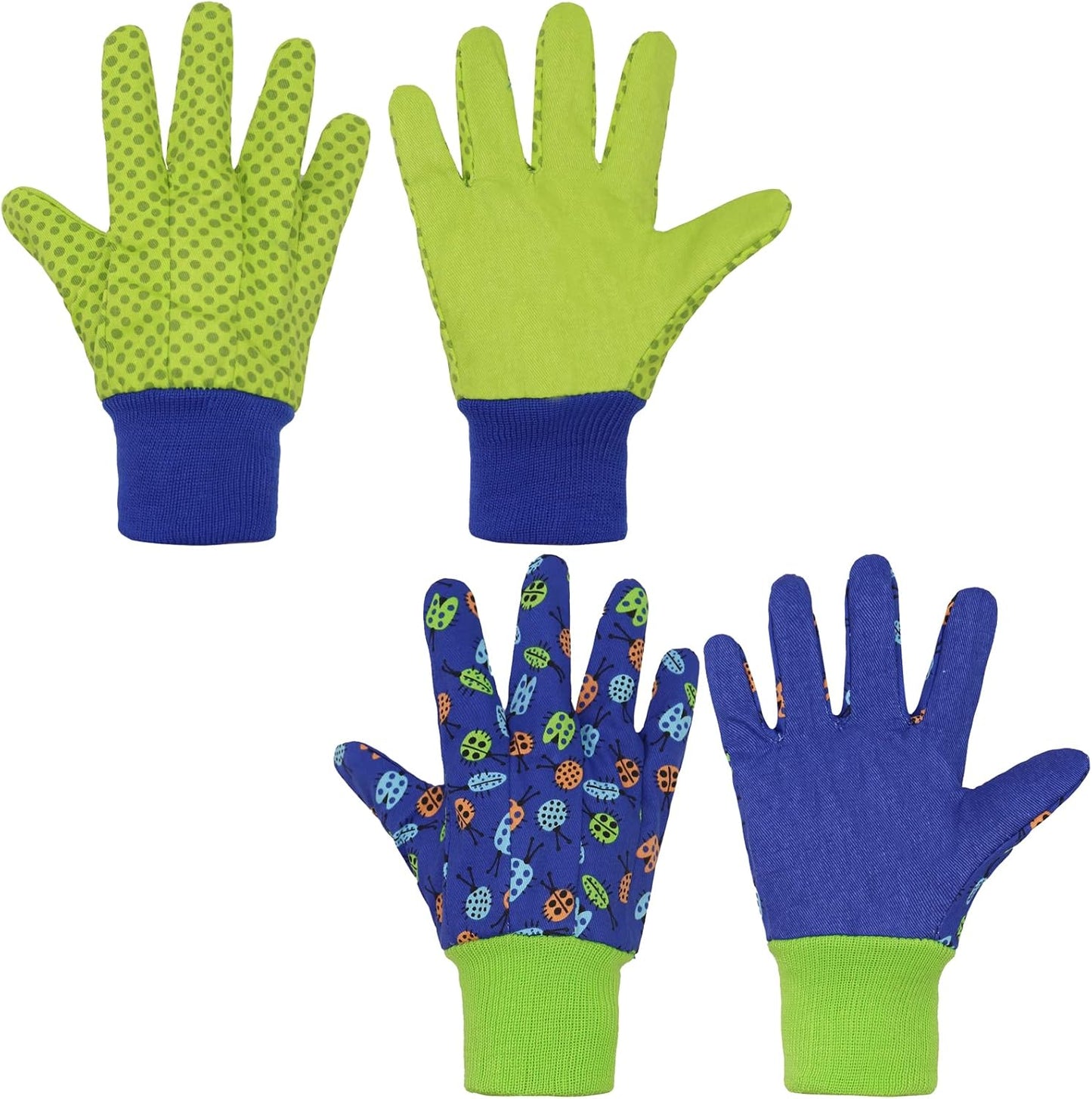 HANDLANDY 2 Pairs Kids Gardening Gloves, Girls Boys Children Garden Work Play Gloves (Green Ladybug & Dot, Medium)