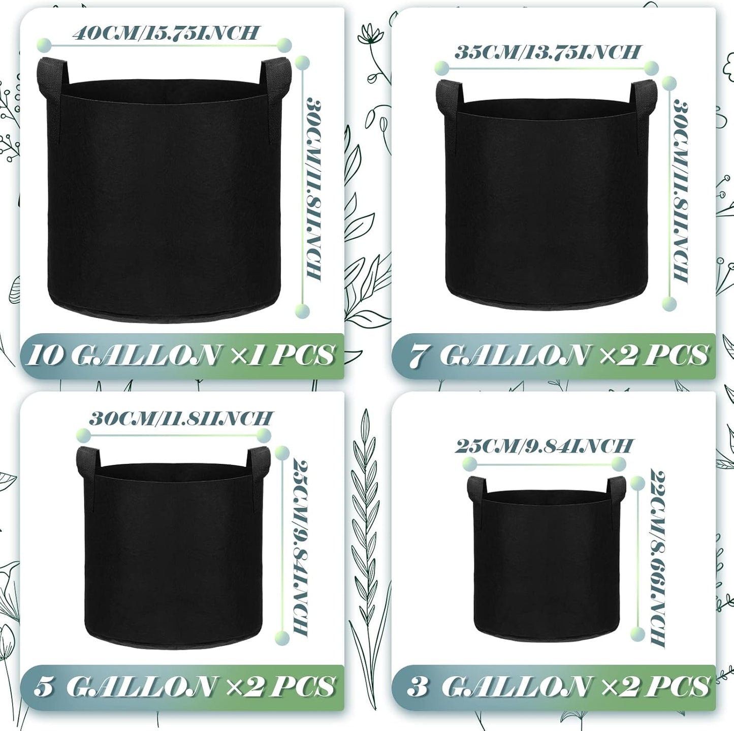 Hoolerry 7 Pack Black Plant Grow Bags Thickened Non Woven Grow Bags in 4 Sizes 10, 7, 5 and 3 Gallons Aeration Fabric Pots with Handles