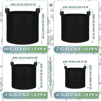 Hoolerry 7 Pack Black Plant Grow Bags Thickened Non Woven Grow Bags in 4 Sizes 10, 7, 5 and 3 Gallons Aeration Fabric Pots with Handles