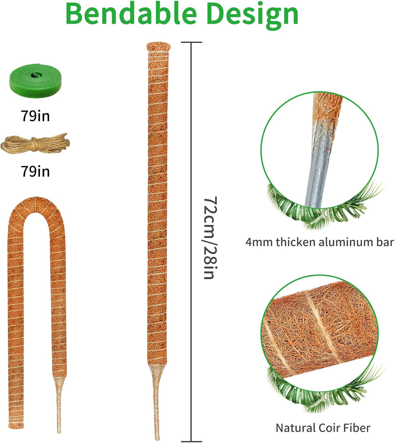 2 Pack 28 Inch Moss Pole Monstera Plant Support, Coir Moss Poles for Climbing Indoor Plants, Bendable Plant Stake Trellis for Potted Plant, Pothos, Philodendron