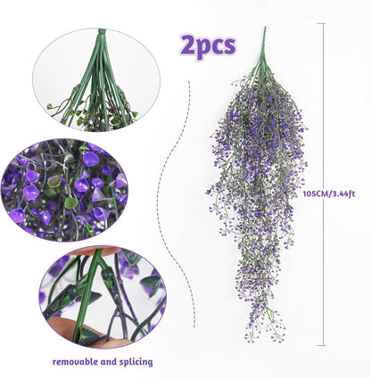 RECUTMS Artificial Vine Plants 2 Pack Fake Hanging Flower Plants Faux Ivy Vine Leaves Plastic Baby Breath Greenery UV Resistant for Home Bedroom Wall Porch Garden Wedding Decor (Purple)