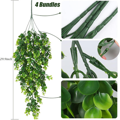 RECUTMS 4 Pack Artificial Hanging Plants Faux Eucalyptus Leaf Greenery Fake Plant for Wall House Room Patio Indoor Outdoor Home Shelf Office Decor (Green)