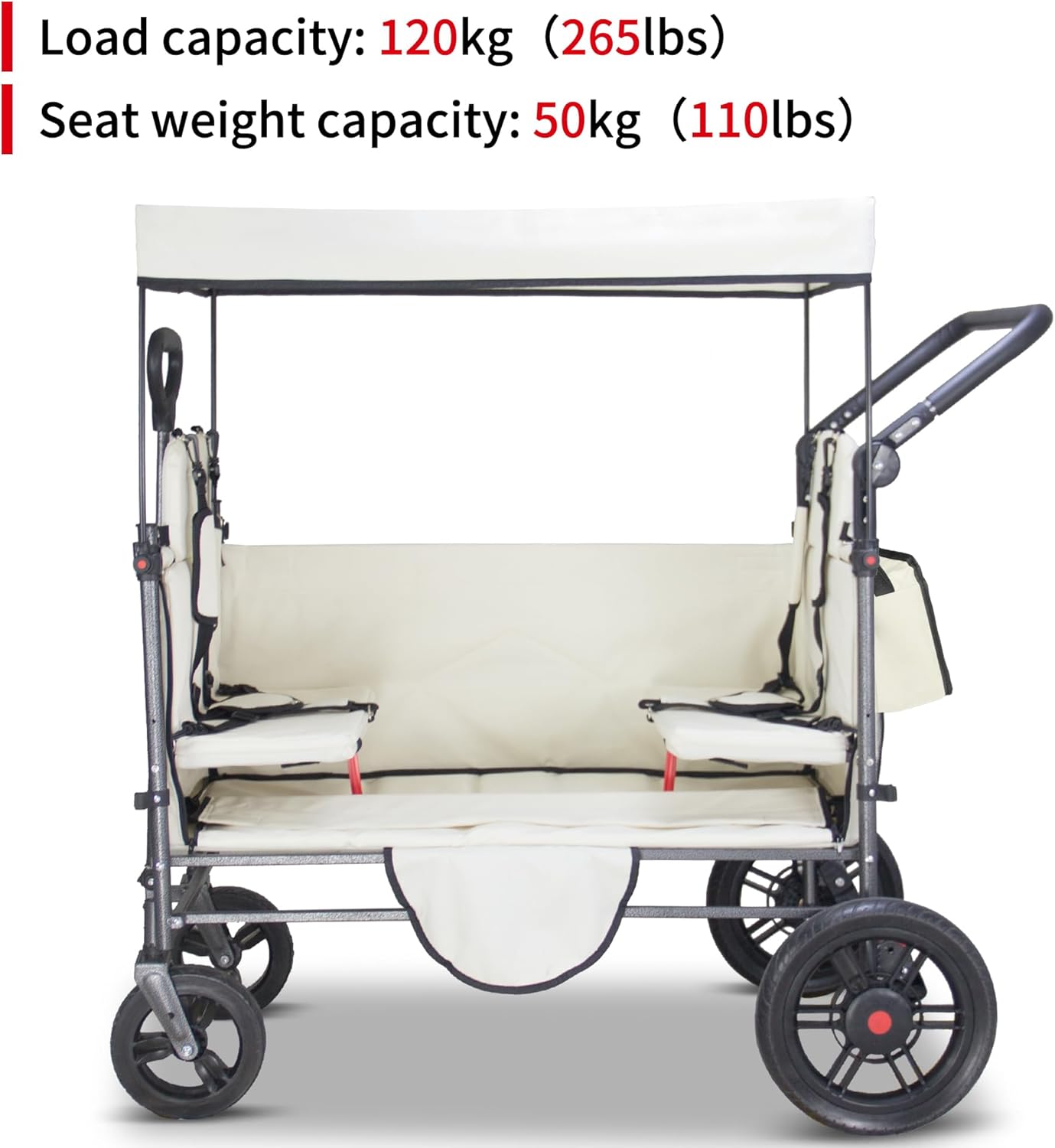 TMZ Collapsible Wagon Cart with Side-Opening Seat Conversion Design, Foldable Utility Wagon with 2 Seats, Heavy Duty Wagon 265 lbs Load Capacity (Beige)