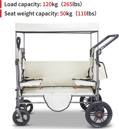 TMZ Collapsible Wagon Cart with Side-Opening Seat Conversion Design, Foldable Utility Wagon with 2 Seats, Heavy Duty Wagon 265 lbs Load Capacity (Beige)