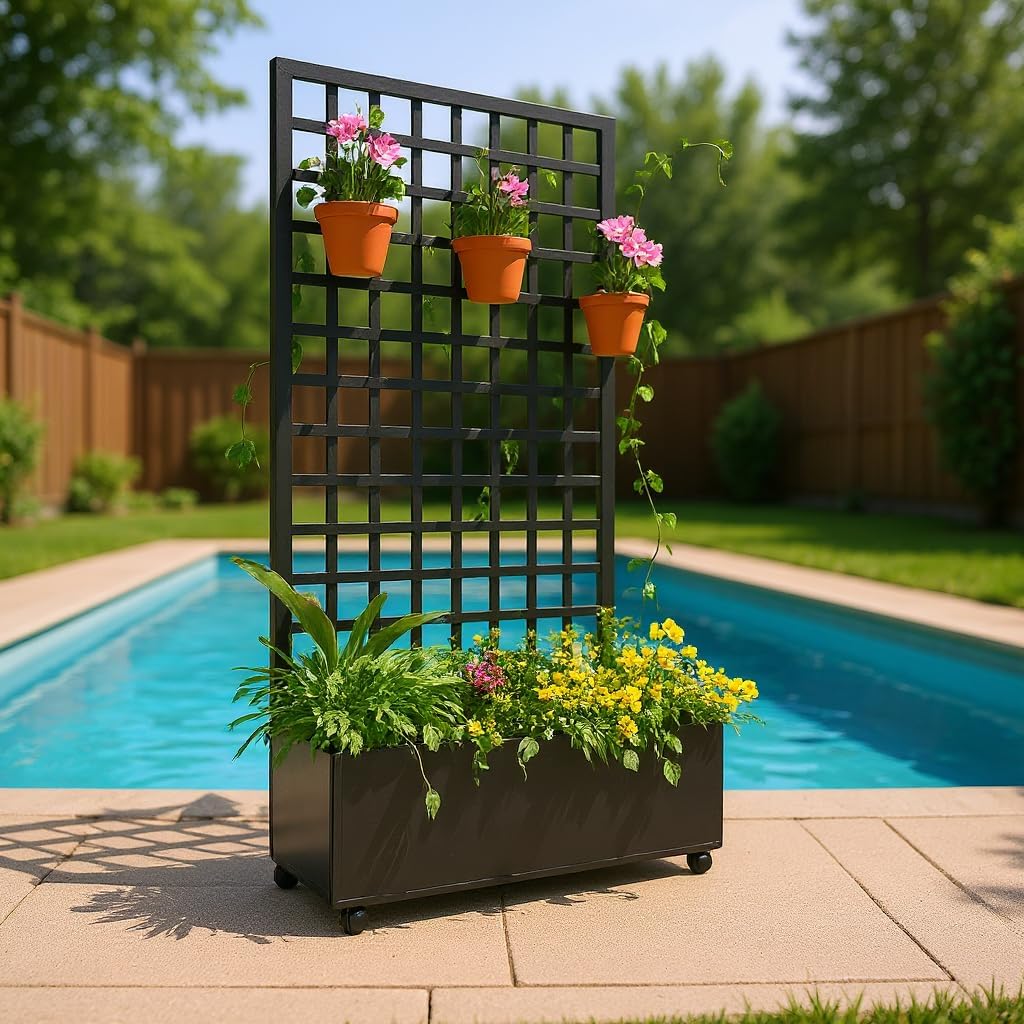 Metal Planter Box with Square Lattice Trellis - 72"x47" Galvanized Raised Garden Bed on Wheels for Climbing Plants and Vines, Black Finish