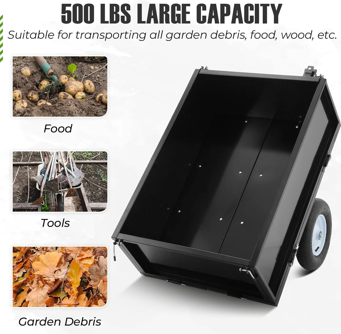 Heavy Duty Steel Dump Trailer, 500 LBS/11.4 Cu.Ft Capacity Garden Dump Cart for Lawn Mower, Utility Trailer with Removeable Rear Panel, Designed for Tractor, ATV, UTV, Black
