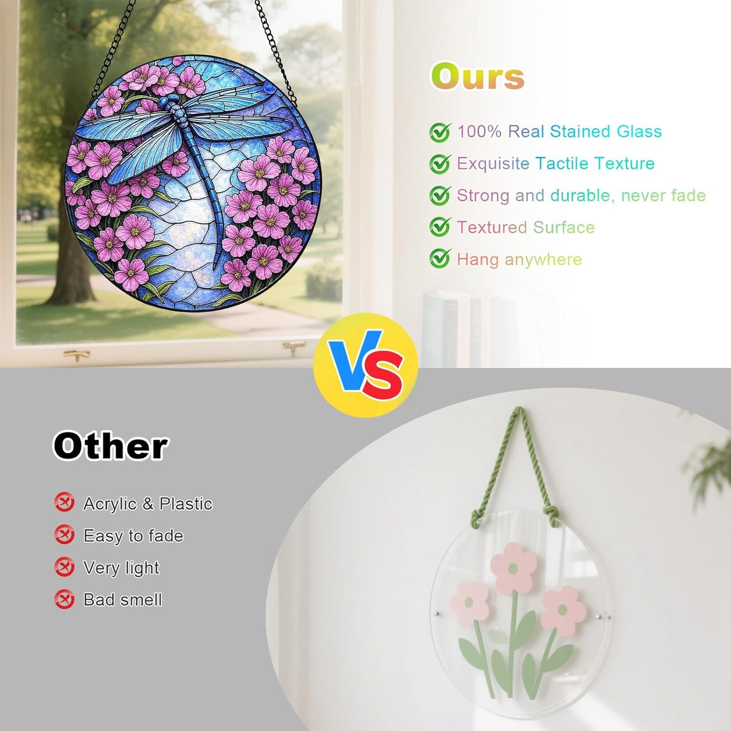 Stained Glass Window Hanging – Dragonfly Sun Catcher Round Glass Panel, Blue Floral Window Decor, Suncatchers for Windows Hanging Gift for Women & Mom (12 Inch)