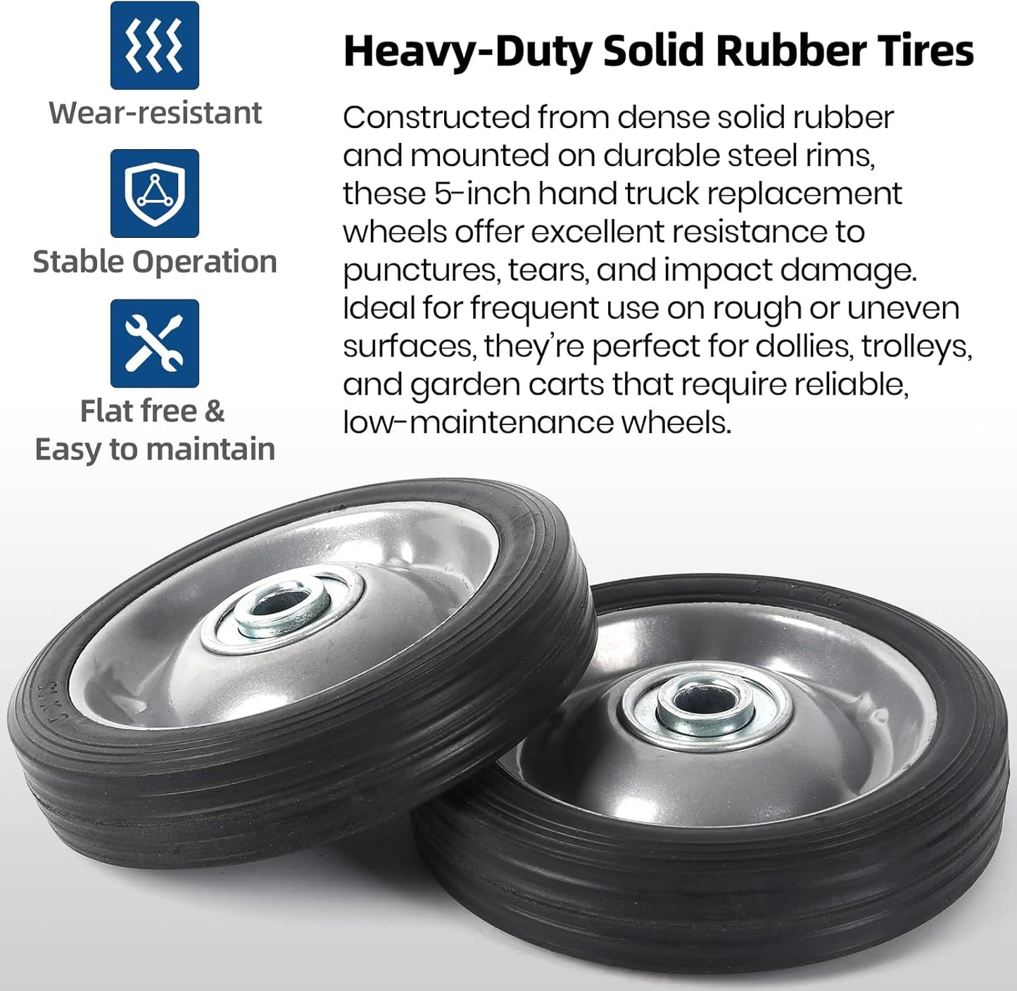 AR-PRO (2-Pack) 5" x 1.2" Flat Free Solid Rubber Wheel Assemblies - Replacement Hand Truck Wheels with Ball Bearings and 1/2" Bore Hole Diameter - Heavy-Duty Solid Rubber Tire 88 lbs Load Capacity