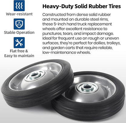 AR-PRO (2-Pack) 5" x 1.2" Flat Free Solid Rubber Wheel Assemblies - Replacement Hand Truck Wheels with Ball Bearings and 1/2" Bore Hole Diameter - Heavy-Duty Solid Rubber Tire 88 lbs Load Capacity