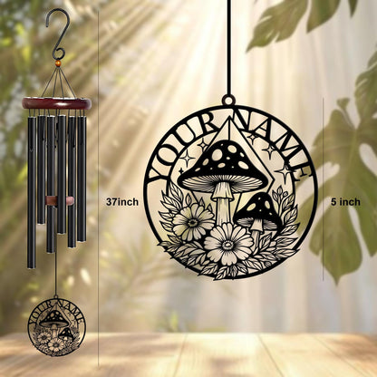 Personalized Customize Name Fantasy Mushroom Wonderland Wind Chime, Metal Iron 37 Inch Outdoor Memorial Gift for Garden Yard Patio Home Decor, Black (Style I)