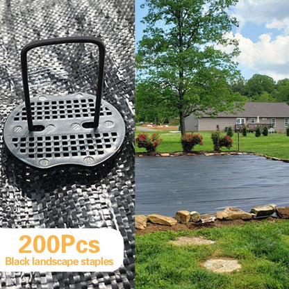 Bakulyor 200pcs Black Landscape Staples + 200pcs Buffer Washer, 6 Inch 11 Gauge Garden Stakes Staples, U Shaped Galvanized Lawn Pins Heavy Duty Yard Ground Pin for Weed Barrier Sod Fabric Decorations