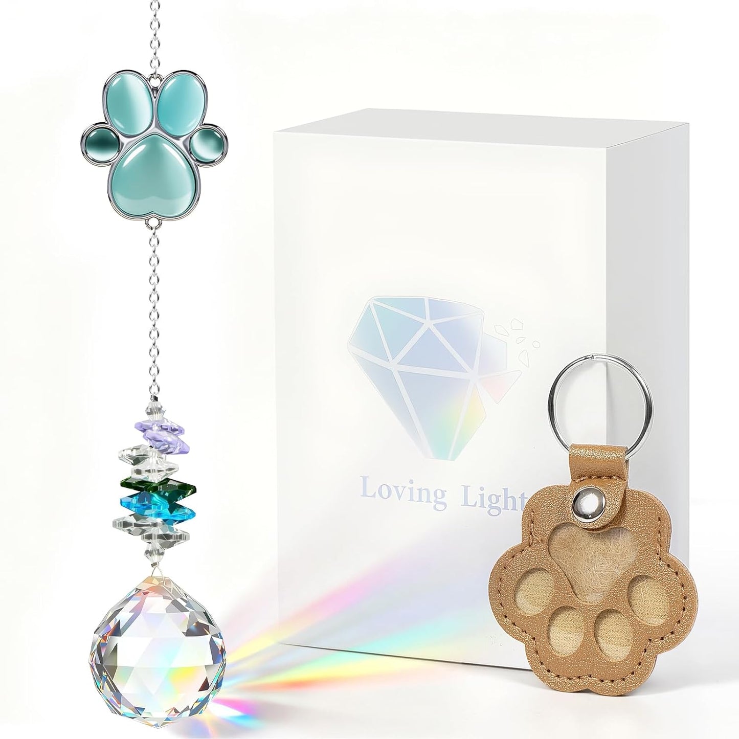 Pet Memorial Gifts for Loss of Dog or Cat, AVIMO Crystal Suncatcher with Rainbow Light Effect and Paw Print Design, Includes Fur Keepsake Keychain, Sympathy Gift Set for Remembrance & Bereavement