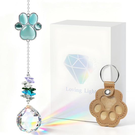 Pet Memorial Gifts for Loss of Dog or Cat, AVIMO Crystal Suncatcher with Rainbow Light Effect and Paw Print Design, Includes Fur Keepsake Keychain, Sympathy Gift Set for Remembrance & Bereavement