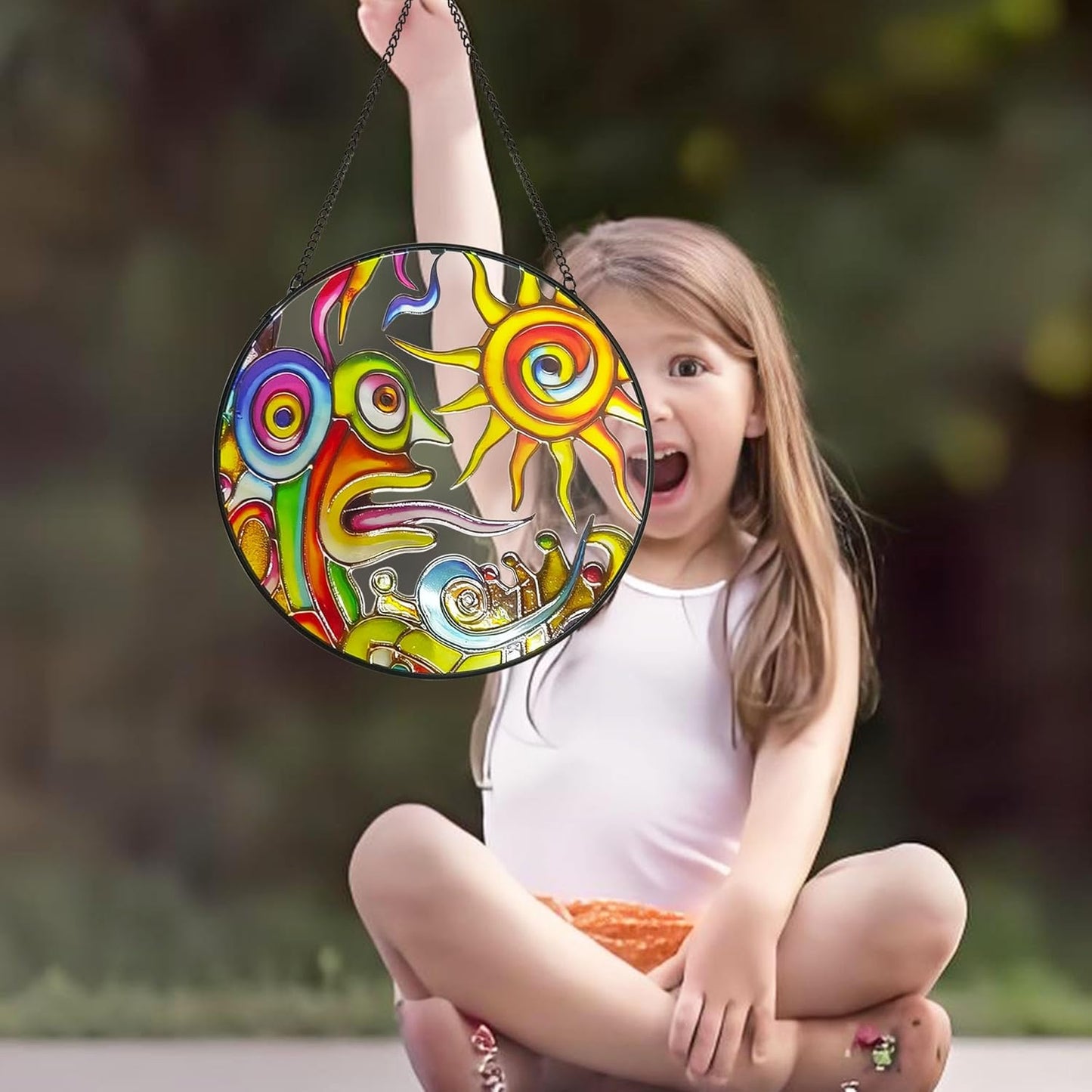 Artistic Sunrise Suncatcher Stained Glass Window Hanging, 7.9'' Abstract Sun Face Suncatchers Garden Hangings with Metal Chain