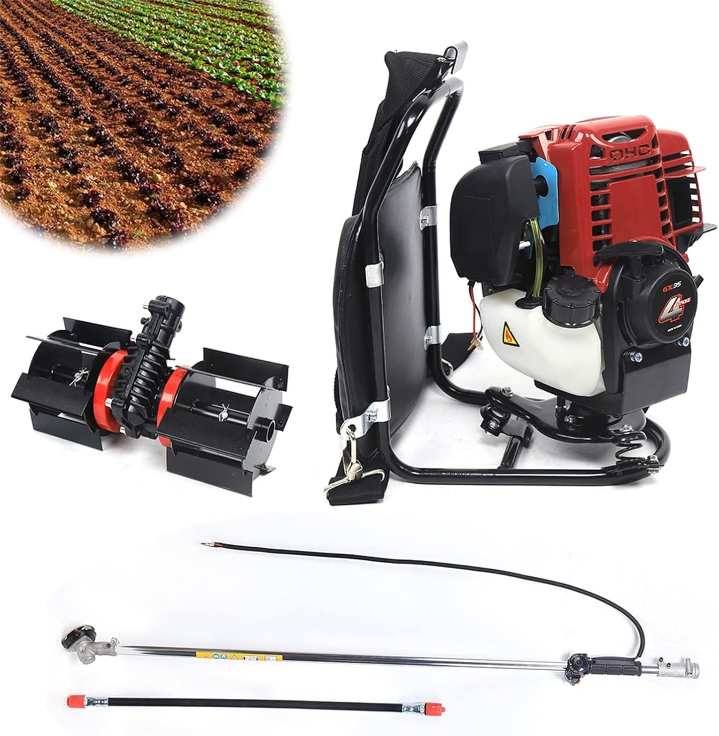 Lawn Mower, 3-in-1 4 Stroke Gasoline Backpack Tiller Grass Weeding Trimmer, 1.4HP Air-Cooled Engine Brush Cutter Hedge Cultivator,Portable Multi-Purpose Graden Lawn Mower for Farmland Clearing
