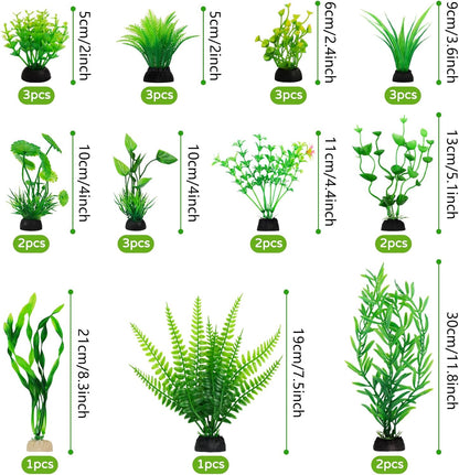 Aquarium Decorations - 25pcs Green Plants for Fish Tank, Plastic Decor Accessories