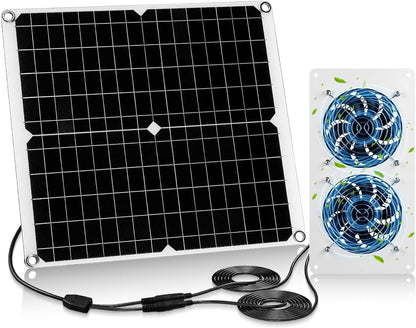 30W Dual Solar Fan Kit for Outside Greenhouse Shed Chicken Coop, IPX7 Waterproof Solar Panel Fan kit with 9.8 FT Power Cord, PV Powerd Cooling Fan for Pet House