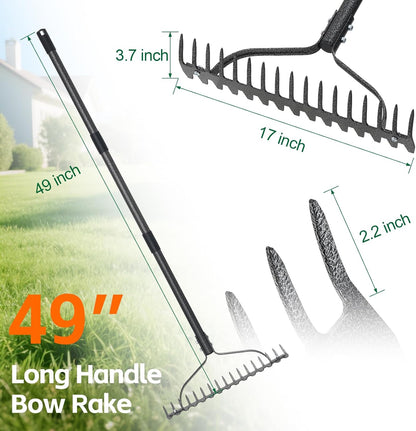 Thatch Rake, 49" Heavy Duty Metal Lawn Leveling Rake with 17 Tines, Garden Tool with Adjustable Long Handle for Looseing Soil, Weede Control