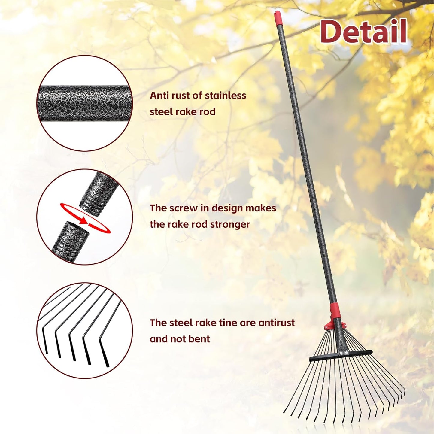76 Inch Rake for Leaves, Adjustable 18 Metal Tines with Expandable Head Garden Rakes for Lawns Heavy Duty Metal Rake for Leaves Yard Gardening Grass Outdoor Debris