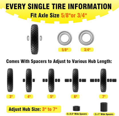 4.80/4.00-8" Tire and Wheel Flat Free 2 PCS, 16" Solid Wheelbarrow Tire with 5/8" & 3/4" Bearings,3"-7" Centered Hub, 14"-16" Universal Fit for Hand Truck/Garden Trailer/Trolley/Wagon