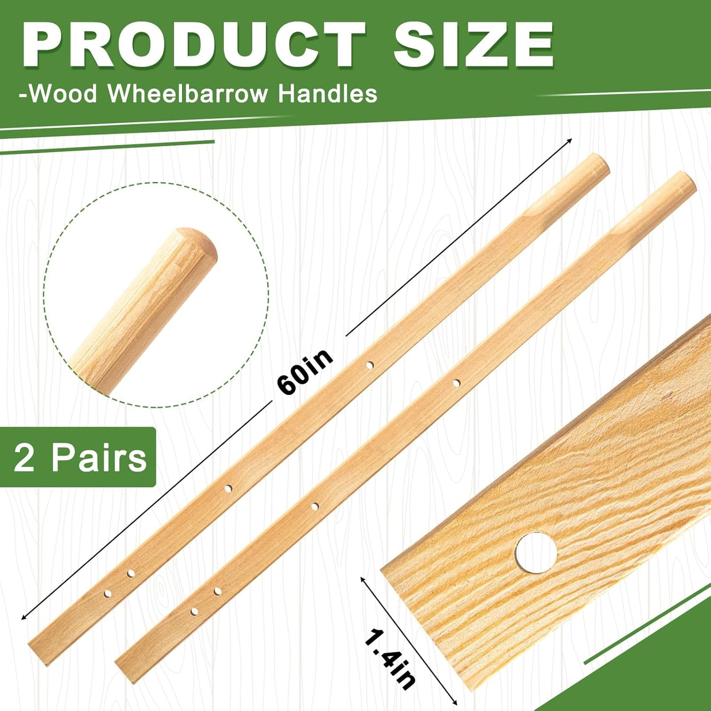 Gisafai 2 Pairs Wood Wheelbarrow Handles 60'' Heavy Duty Hardwood Wheelbarrow Replacement Handles Kit with Tough Seal Coat and Pre Drilled Holes