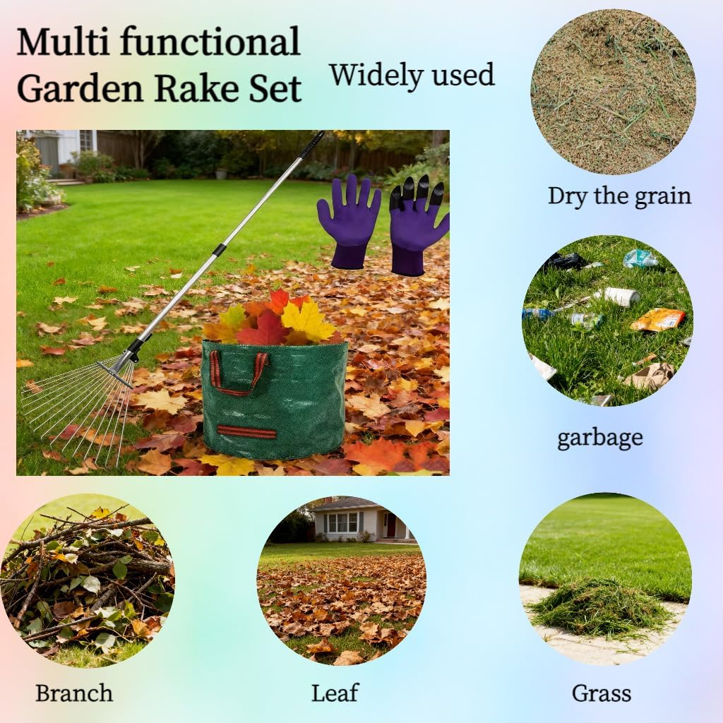Garden Rake for Leaves with Telescoping Long Handle 33-63" & Adjustable Head 8-22" - Heavy Duty Metal Rake Kit with 16 Gallon Leaf Bag & Gloves, for Yard, Shrubs, Grass, Debris