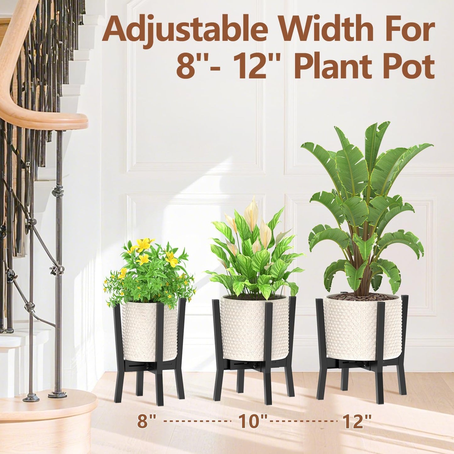 LASZOLA Black Adjustable Plant Stand for Single Large Outdoor Indoor Planters, Heavy Duty Metal Floor Fern Holder Fits 8 to 12 Inch Pots, Elevated Big Flower Stool for Patio – Pot Not Included, 1 Pack