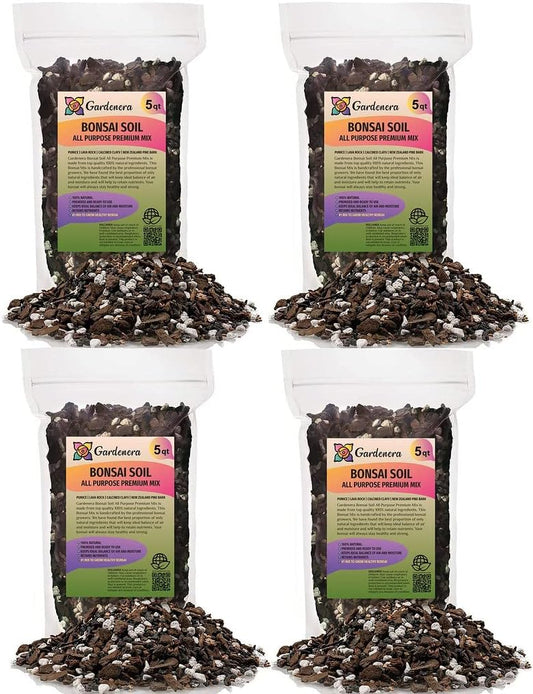 Premium Bonsai Soil All Purpose Fast Draining Mix - 20 Quart - Pumice, Lava, Calcined Clay and Pine Bark Potting Pre Mixed Bonsai Plant Soil Mixture by GARDENERA - Made in USA - (4 Bags of 5QT)