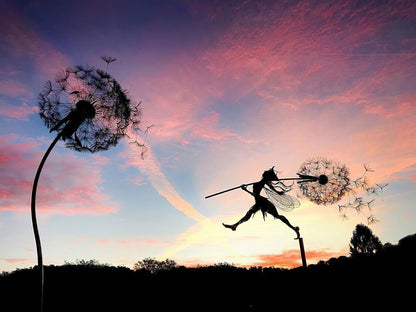 Flower Fairy Dancing with Dandelion Garden Art Sculpture Stainless Steel Statue Christmas Halloween Decoration for Outdoor Yard Courtyard Lawn Patio Metal Ornaments (Long Travel)