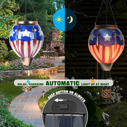 Hot Air Balloon Solar Lantern - U.S Flag Patriotic Glass Lantern, Simulated Flickering & Dancing Flame, Outdoor Hanging Yard Light Waterproof IP65, Ideal 4th of July Gift for Patriot Patio Decor