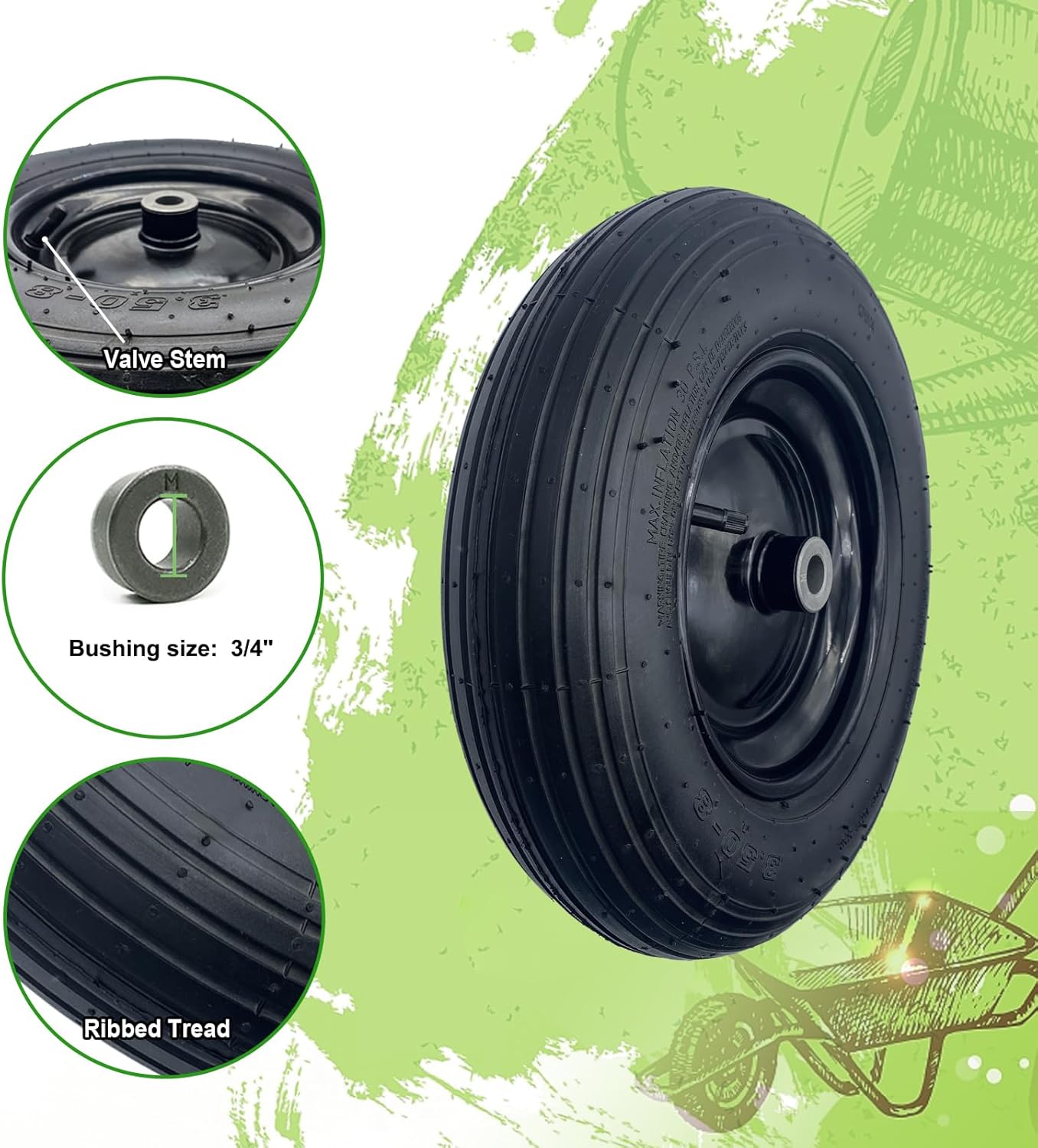 2-Pack 14.5-Inch Wheelbarrow Tire.3.50-8" Pneumatic Tires and wheels with 3"- 6" Center Hub and 3/4" Bushings for Wheelbarrow Lawn Mover Replacement.