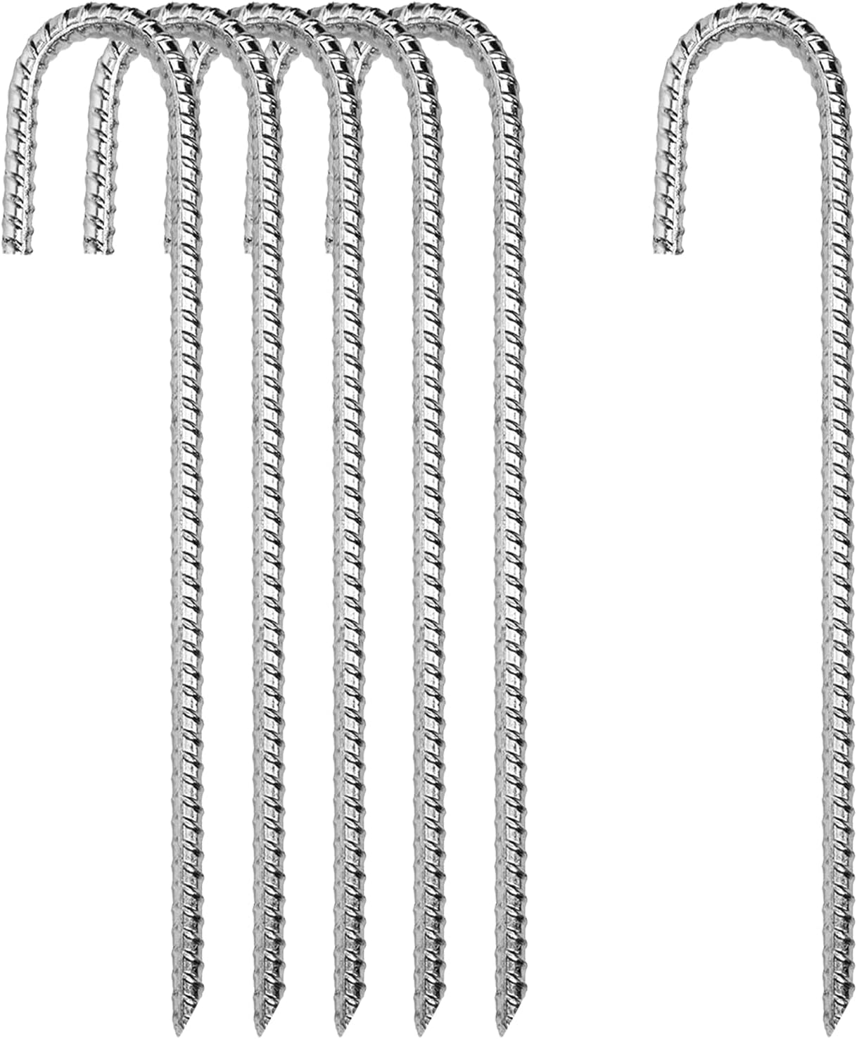 12 Inch Rebar Stakes Heavy Duty, 6 Pack Garden Stake J-Hook, Galvanized Rust Proof Metal Stakes for Tent, Landscape,Outdoor Decorations, Fabric Ground Cover, Tube Fixing (Silver, J-12in-6pc)