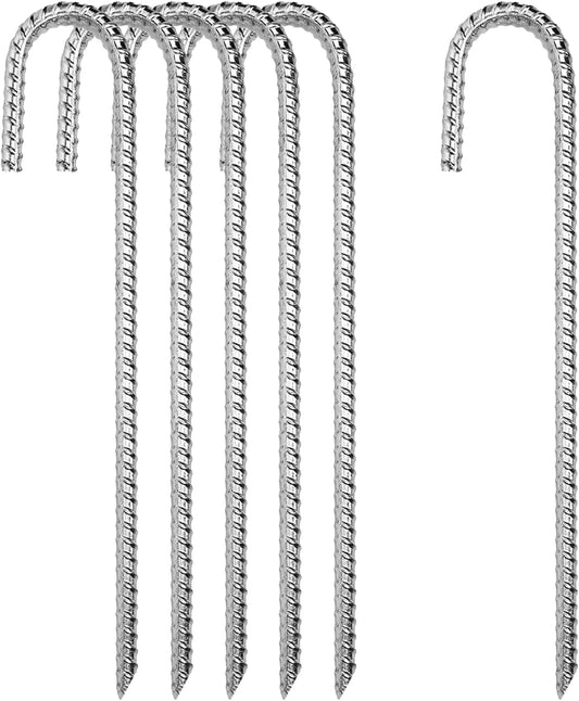 12 Inch Rebar Stakes Heavy Duty, 6 Pack Garden Stake J-Hook, Galvanized Rust Proof Metal Stakes for Tent, Landscape,Outdoor Decorations, Fabric Ground Cover, Tube Fixing (Silver, J-12in-6pc)