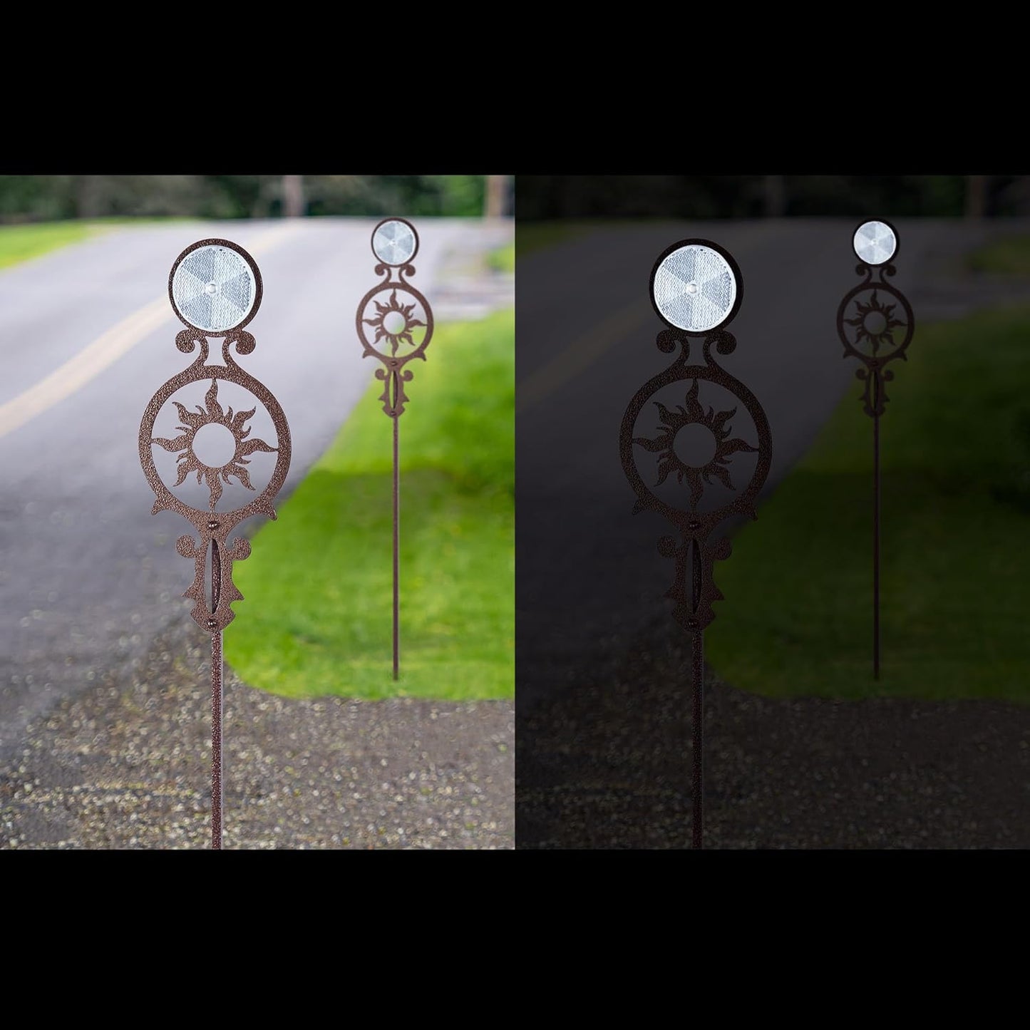 Touch of Class Pathways Reflective Driveway Marker Stake Set of Two for Outdoor Use | Radiating Sun Design | Personalized Tall Reflector Set of 2 | Weathered Bronze Durable Finish