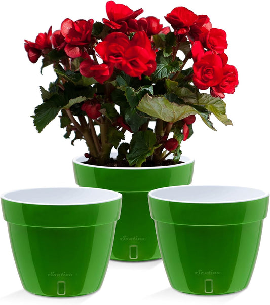 Santino ASTI 9.2 Inch Self Watering Planter Green-Gold/White (Set of 3) for Indoor Plants - Premium Quality Modern Plastic Pot w/Water Level Indicator for All House Plants African Violets and Dahlias