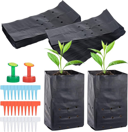100 Pcs Nursery Growing Bags Seedling Starter Bags with 30 Plant Labels & 2 Mini Watering Sprinklers,Plant Grow Bags Plants Pots Plastic Pouches for Garden Trees,Flowers, Vegetable(8.8x5.3x4.7 Inch)