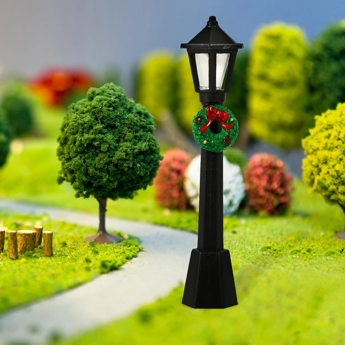 LOGOFUN 8Pcs Mini Street Lamp Post Miniature Park Bench Seat Mini Street Light Models Dollhouse Christmas Village Pathway Lantern Post for Xmas Fairy Garden Accessories