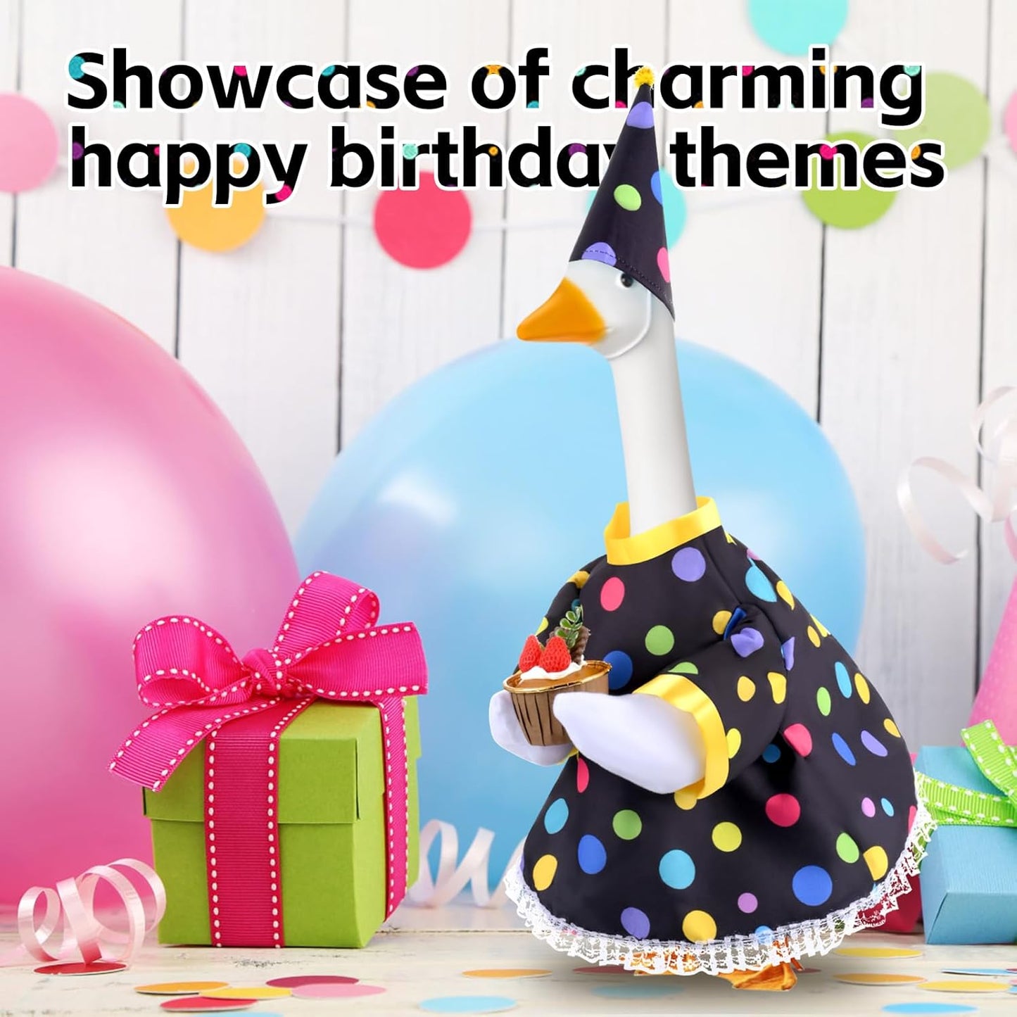 Happy Birthday Goose Outfit Porch Goose Outfits with Happy Birthday Cake Hat and Clothing for 23" Cement/Plastic Porch Goose Outdoor Statue Patio Yard Lawn Art