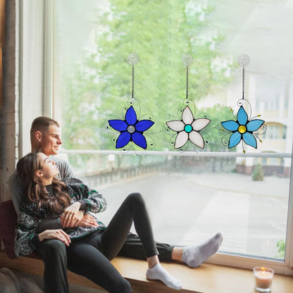 Stained Glass Window Hanging Flower Ornaments,Forget Me Not Blue Flower Suncatcher for Window, Home Decor of Living Room, Gift for Women Valentine's Day & Birthday & Christmas.