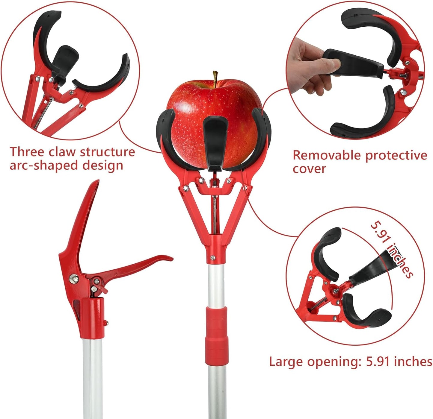 Adjustable Fruit Picker Extension 51"-91" Aluminum Telescoping Pole, Multi-Function Fruit Grabber for Lemons, Oranges, Persimmon, Avocados, Gentle Harvesting, No Bruising
